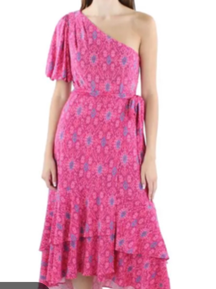 Lauren Ralph Lauren Pink Geo-Print Jersey One Shoulder Wrap Midi Dress Size 10